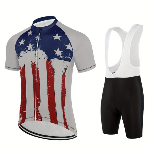 “Cycling Patriot Set: Conjunto de ciclismo con bandera y detalles reflectantes.”